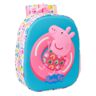 Safta Peppa Pig Mochila 3D - Asa de Mano - Portabotellas Lateral - 27x33x10cm - Color Azul/Rosa