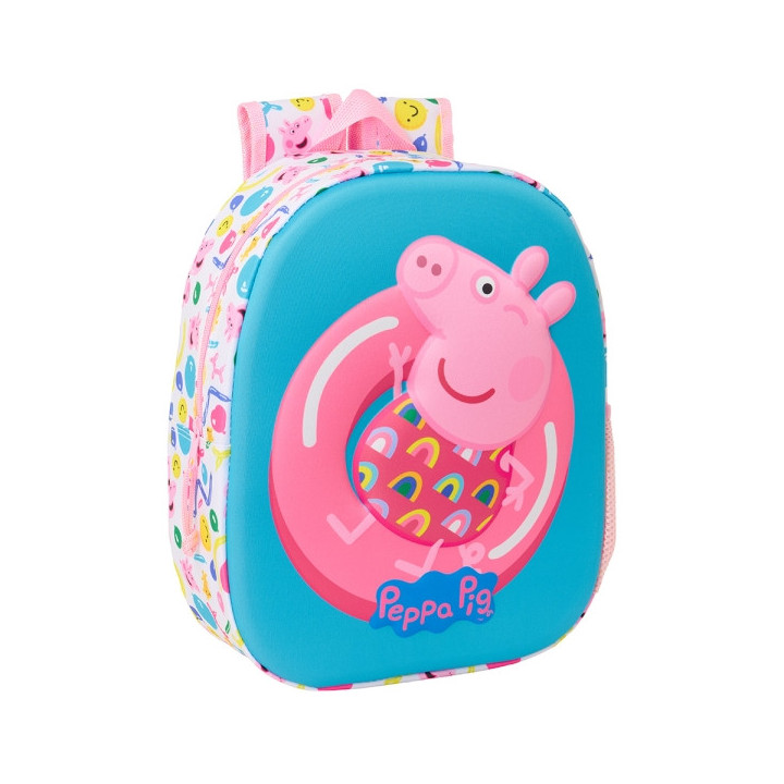 Safta Peppa Pig Mochila 3D - Asa de Mano - Portabotellas Lateral - 27x33x10cm - Color Azul/Rosa