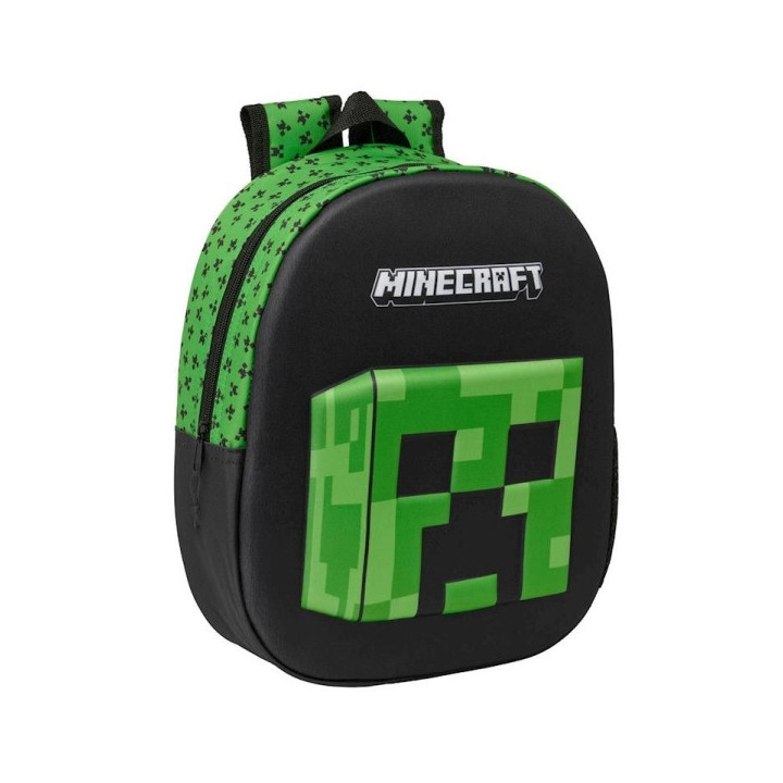 Safta Minecraft Mochila 3D - Asa de Mano - Portabotellas Lateral - 27x33x10cm - Color Negro/Verde