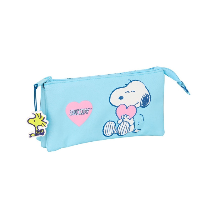 Safta Snoopy Love Estuche Portatodo - 3 Compartimentos - 22x12x3cm - Color Azul Claro