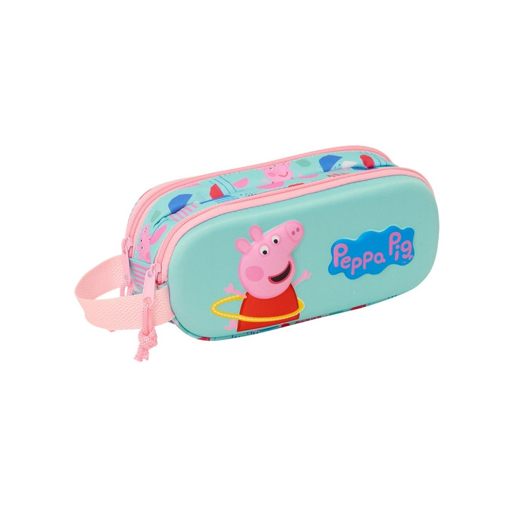 Safta Peppa Pig Estuche Portatodo 3D - 2 Compartimentos - Asa de Mano - 21x8x6cm - Color Azul Claro