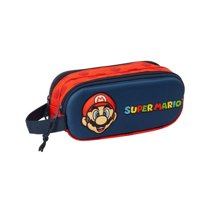 Safta Super Mario Estuche Portatodo 3D - 2 Compartimentos - Asa de Mano - 21x8x6cm - Color Rojo y Azul
