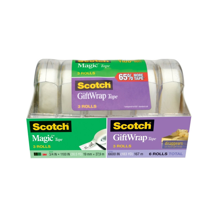 Scotch Magic/Giftwrap Pack de 6 Cintas Adhesivas Surtidas - 19mm x 27.9m - Color Transparente