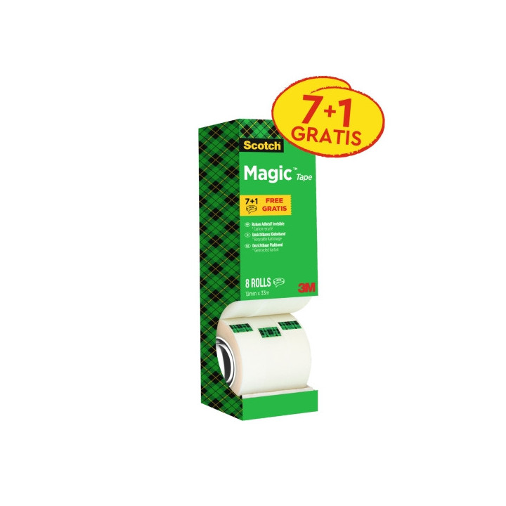 Scotch Magic Cinta Adhesiva Invisible - Paquete Ahorro de 8 Rollos de 19mm x 33m - Color Transparente