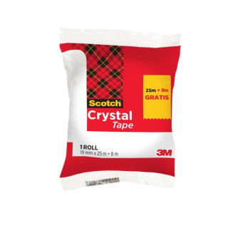 Scotch Crystal Cinta Adhesiva - 19mm x 33m - Promocion 25m + 8m Gratis - Color Transparente