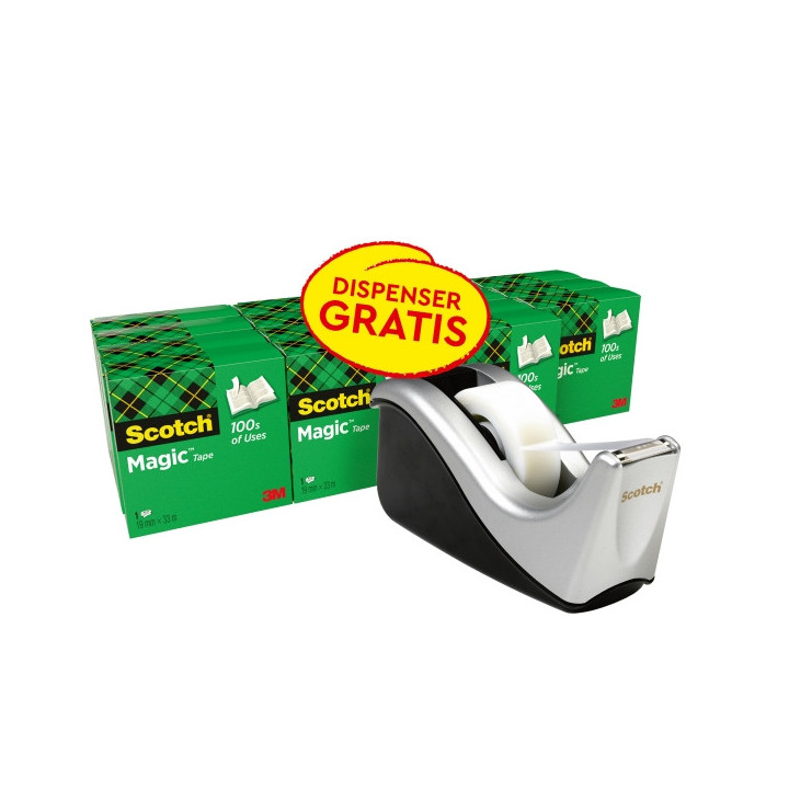 Scotch Magic Pack de 16 Cintas Adhesivas - 19mm x 33m - Promocion Dispensador Gratis - Color Negro/Gris