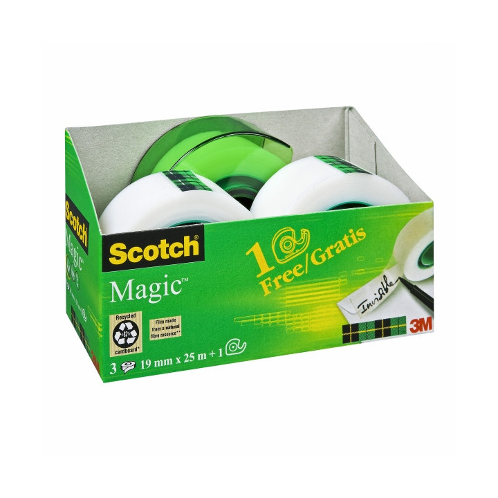 Scotch Magic Pack de 3 Cintas Adhesivas Invisible - 19mm x 25m - Dispensador Gratis - Color Transparente