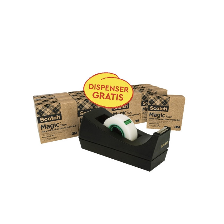 Scotch Magic Pack de 14 Cintas Adhesivas - 66% Adhesivo Vegetal - 19mm x 33m - Promocion Dispensador Gratis - Color Negro
