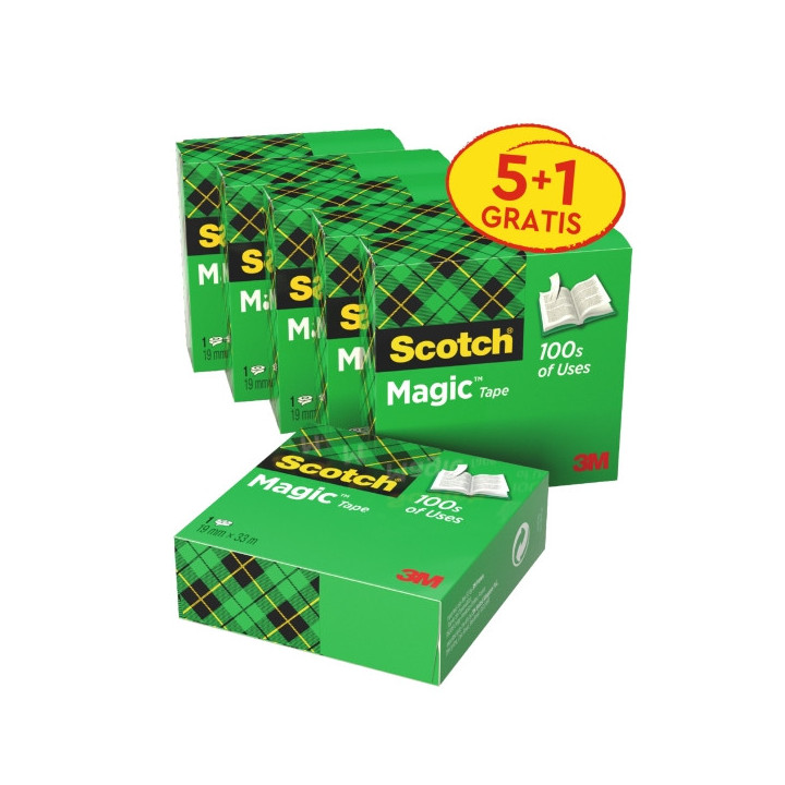 Scotch Magic Pack de 6 Cintas Adhesivas Invisible - 19mm x 33m - Promocion 5 + 1 Gratis - Color Transparente