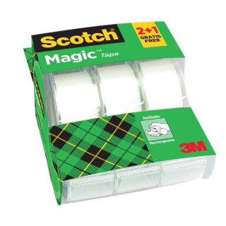 Scotch Magic Pack de 3 Cintas Adhesivas Invisibles - 19mm x 7.5m - Promocion 2 + 1 Gratis - Incluye Dispensador - Color Transp