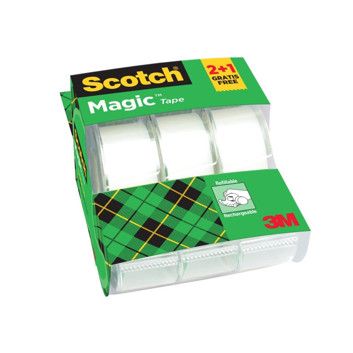 Scotch Magic Pack de 3 Cintas Adhesivas Invisibles - 19mm x 7.5m - Promocion 2 + 1 Gratis - Incluye Dispensador - Color Transp