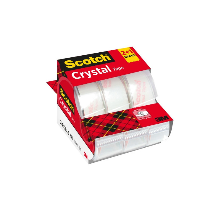 Scotch Crystal Pack de 3 Cintas Adhesivas - 19mm x 7.5m - Promocion 2 + 1 Gratis - Color Transparente