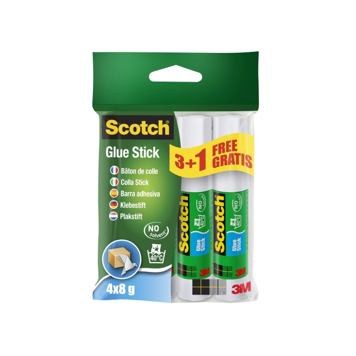 Scotch Pack de 4 Pegamentos en Barra Adhesivo Solido - 8gr por Unidad - Promocion 3 Barras + 1 Gratis - Color Transparente