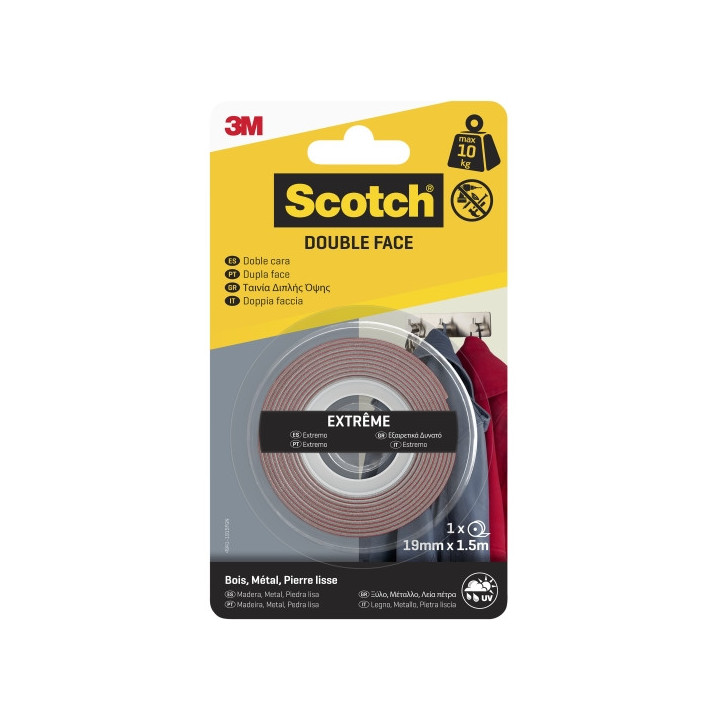 Scotch Extreme Cinta Adhesiva de Doble Cara - 19mm x 1.5m - Color Transparente