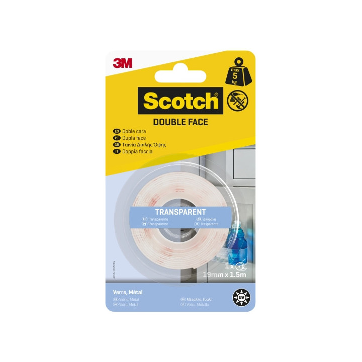 Scotch Cinta Adhesiva de Doble Cara - 19mm x 1.5m - Color Transparente