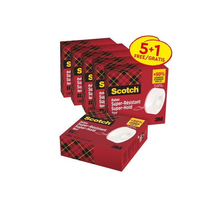 Scotch Super-Hold Pack de 6 Cintas Adhesivas - Extrafuerte - 19mm x 25.4m - Promocion 5 + 1 Gratis - Color Transparente