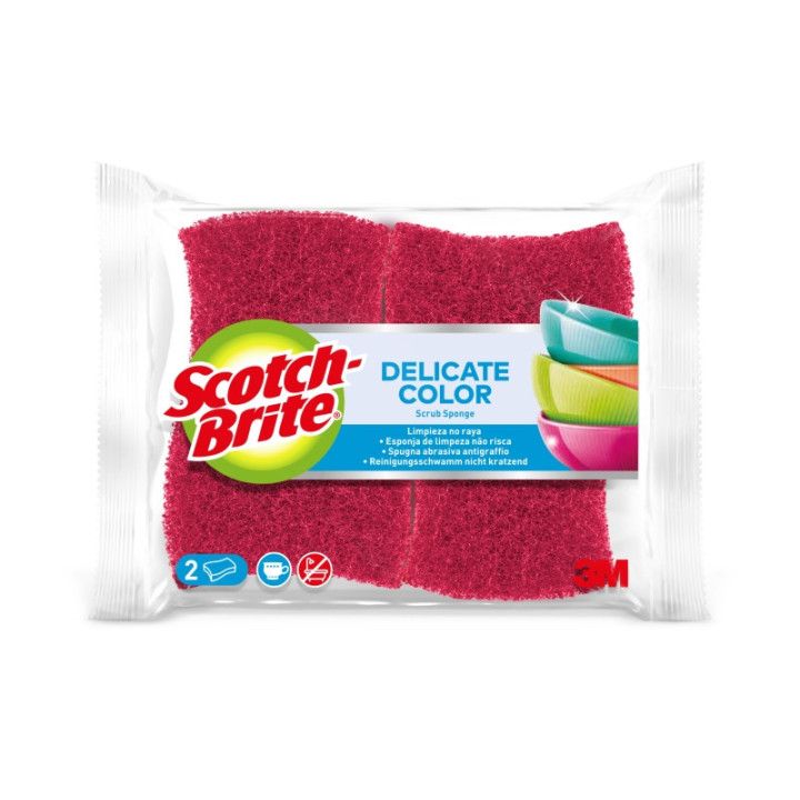 Scotch-Brite Delicate Color Pack de 2 Estropajos de Cocina - Proteccion para los Dedos - No Raya - Color Rojo