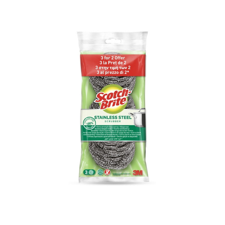 Scotch-Brite Pack de 3 Estropajos de Acero Inoxidable - Promocion 2 + 1 Gratis - Color Gris Metalizado