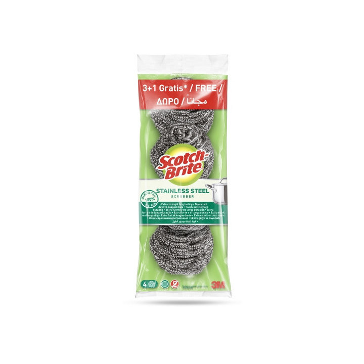 Scotch-Brite Pack de 4 Estropajos de Acero Inoxidable - Promocion 3 + 1 Gratis - Color Gris Metalizado