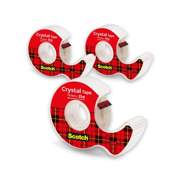Scotch Crystal Pack de 3 Cintas Adhesivas - 19mm x 25m - Supertransparente - Incluye Dispensador - Color Transparente