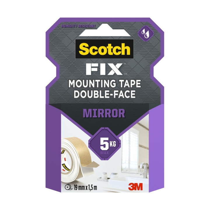 Scotch-Fix Cinta de Montaje de Doble Cara para Espejos - 19mm x 1.5m - Color Blanco