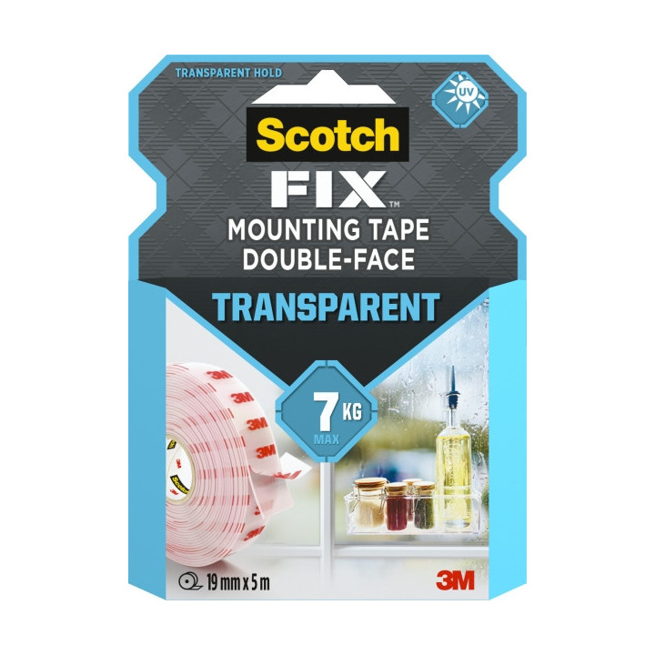Scotch-Fix Cinta de Montaje de Doble Cara Transparente - 19mm x 5m - Color Transparente