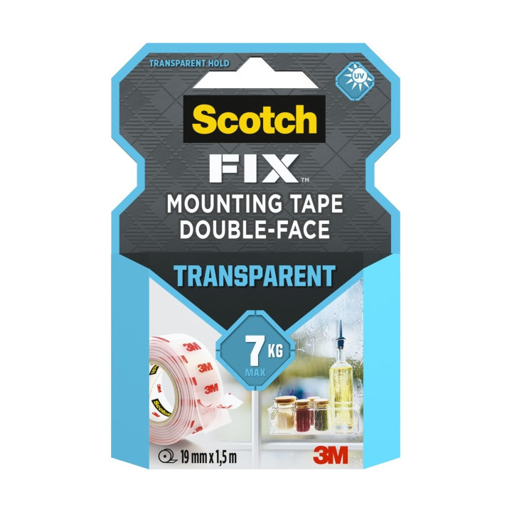 Scotch-Fix Cinta de Montaje de Doble Cara Transparente - 19mm x 1.5m - Color Transparente