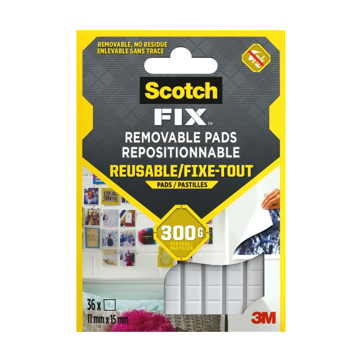 Scotch-Fix Pack de 36 Tiras Adhesivas Reutilizables - 11mm x 15mm - Color Blanco