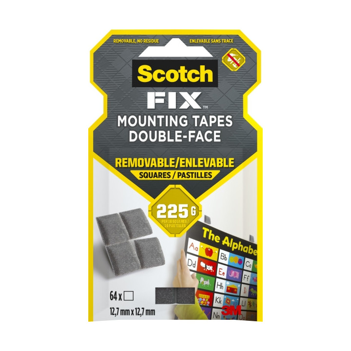 Scotch-Fix Pack de 64 Cuadrados Adhesivos de Doble Cara Reutilizables - 12.7mm x 12.7mm - Color Gris