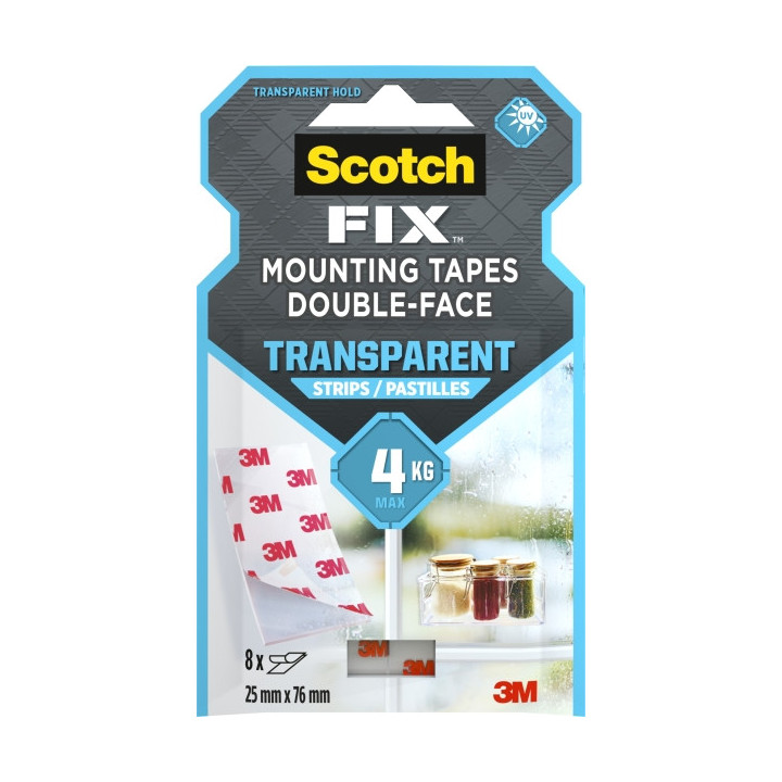Scotch-Fix Pack de 8 Tiras de Montaje de Doble Cara Transparentes - 25x76mm - Color Transparente
