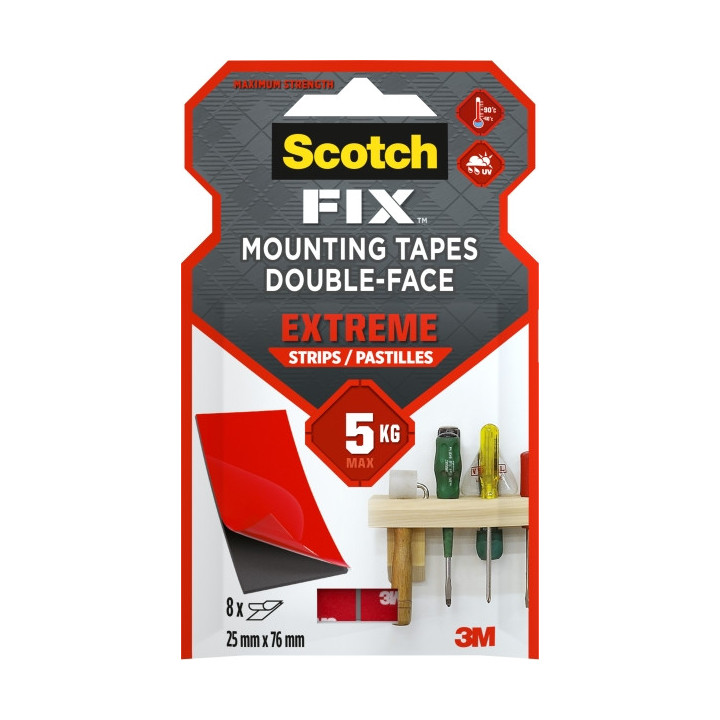 Scotch-Fix Pack de 8 Tiras de Montaje Extremo de Doble Cara - 25x76mm - Color Negro