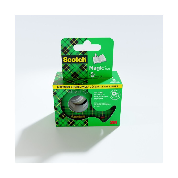 Scotch Magic Pack de 2 Cintas Adhesivas Invisible - 19mm x 7.5m - Incluye Dispensador - Color Transparente