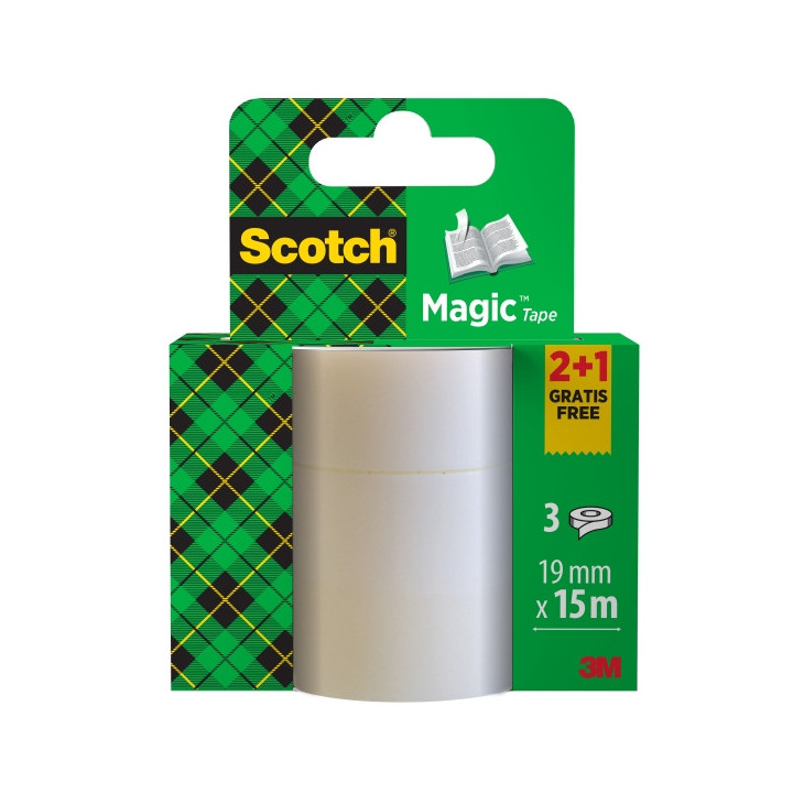 Scotch Magic Pack de 3 Cintas Adhesivas Invisible - 19mm x 15m - Promocion 2 Unidades + 1 Gratis - Color Transparente