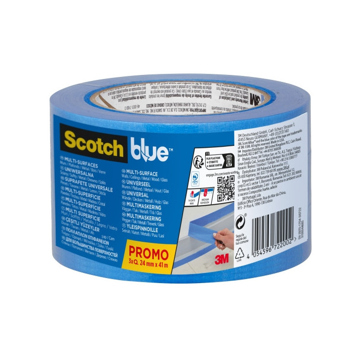 Scotchblue Pack de 3 Cintas de Enmascarar - 24mm x 41m - 100% PEFC - Multisuperficie - Color Azul