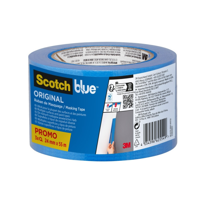 Scotchblue Original Pack de 3 Cintas de Enmascarar - 24mm x 55m - 100% PEFC - Multisuperficie - Color Azul