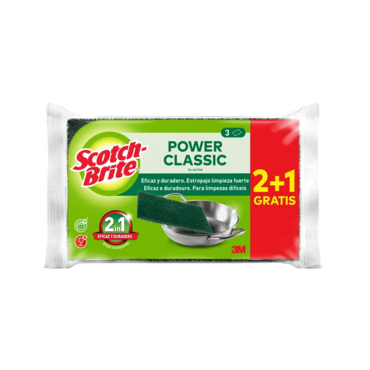 Scotch-Brite Classic Pack de 3 Estropajos de Cocina - Promocion 2 + 1 Gratis - Color Verde Oscuro
