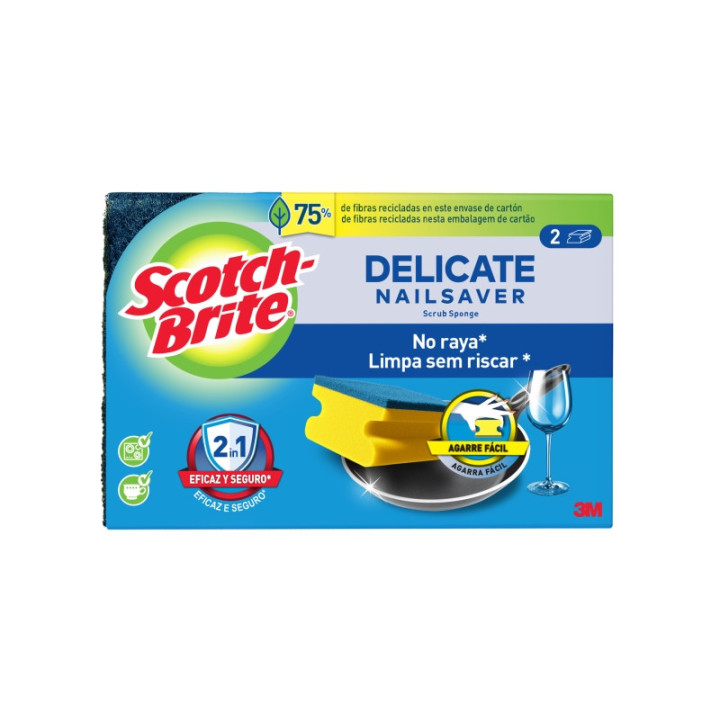 Scotch-Brite Delicate Pack de 2 Estropajos de Cocina - Proteccion para los Dedos - No Raya - Color Amarillo