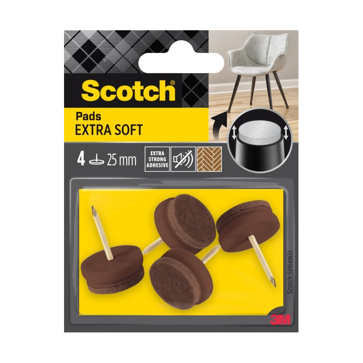 Scotch Pack de 4 Almohadillas de Fieltro con Clavo - Extrasuaves - Diametro de 25mm - Color Marron