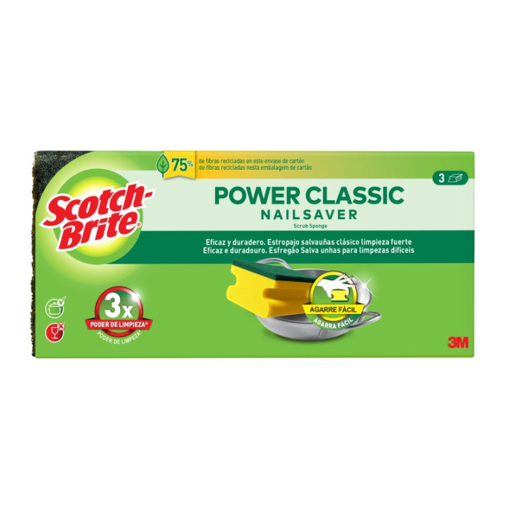 Scotch-Brite Classic Pack de 3 Estropajos de Cocina - Proteccion para los Dedos - Color Amarillo