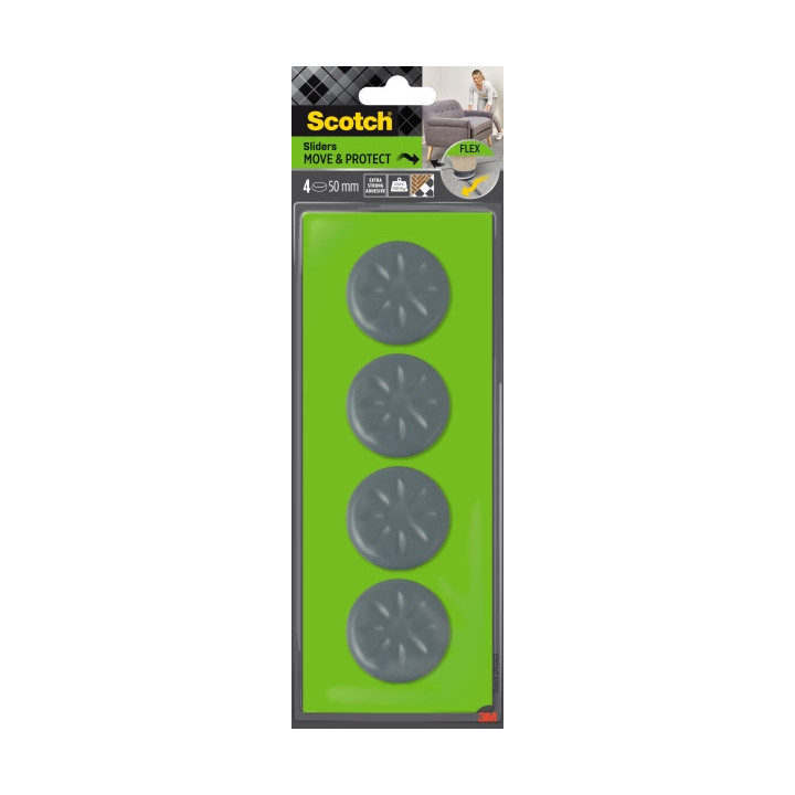 Scotch Move and Protect Flex Pack de 4 Patines Deslizantes Adhesivos - Diametro de 50mm - Soporta hasta 400kg - Color Gris