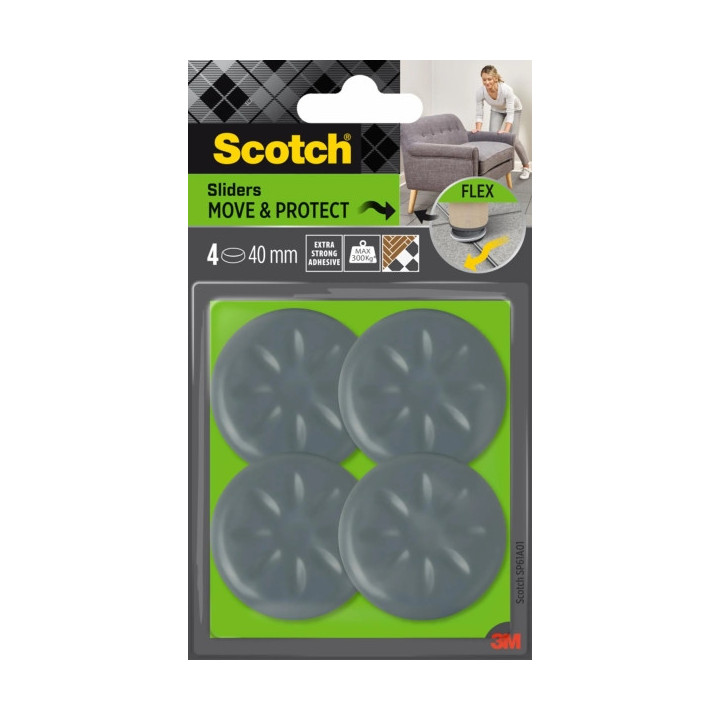 Scotch Move and Protect Flex Pack de 4 Patines Deslizantes Adhesivos - Diametro de 40mm - Soporta hasta 300kg - Color Gris