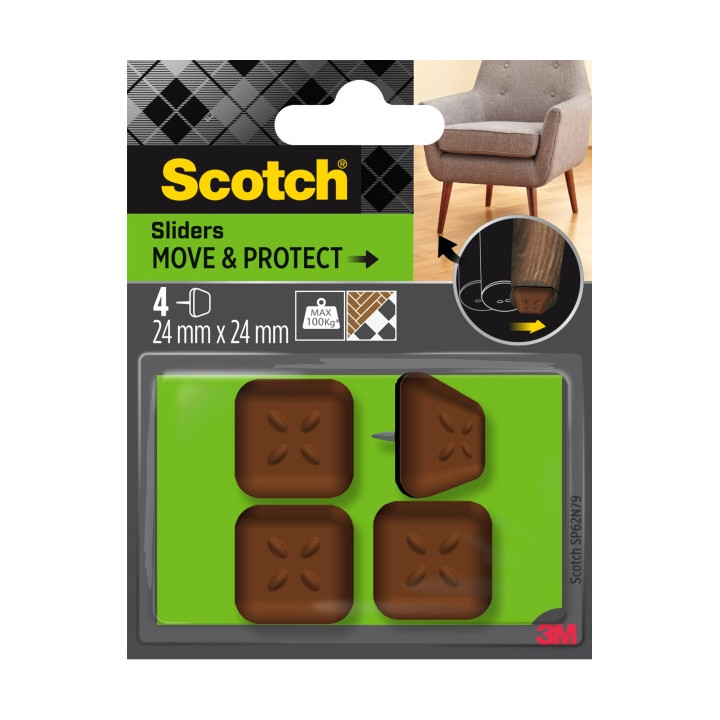 Scotch Move and Protect Pack de 4 Patines Deslizantes con Clavo - 24x24mm - Soporta hasta 100kg - Color Marron