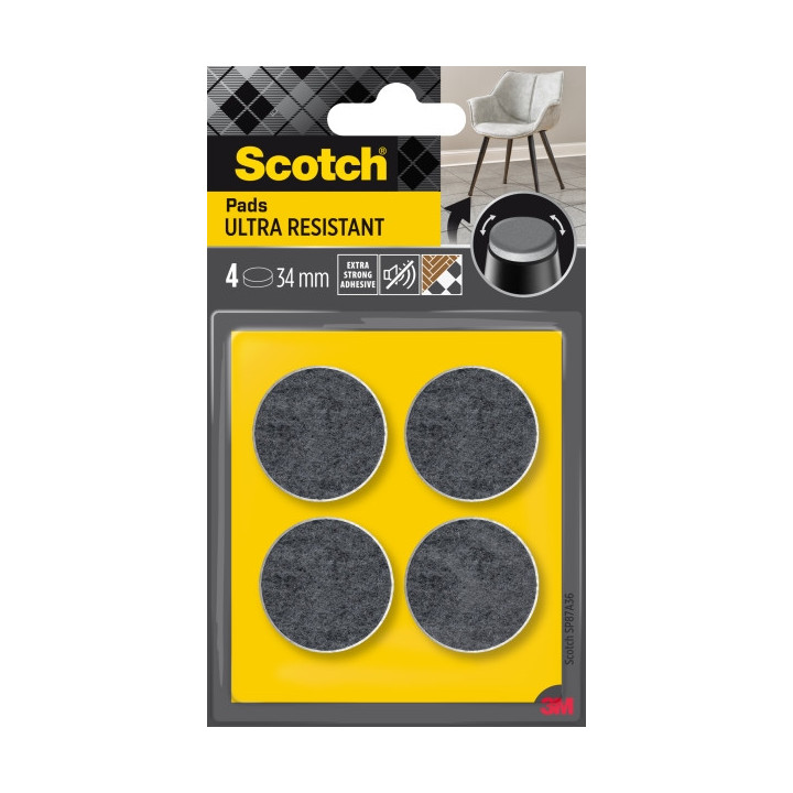 Scotch Pack de 4 Almohadillas de Fieltro Adhesivas - Ultra Resistentes - Diametro de 34mm - Color Blanco/Gris