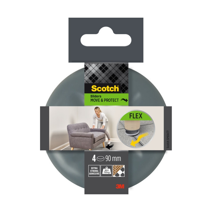 Scotch Move and Protect Flex Pack de 4 Patines Deslizantes Adhesivos - Diametro de 90mm - Soporta hasta 700kg - Color Gris