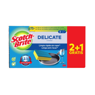 Scotch-Brite Delicate Pack de 3 Estropajos de Cocina - Promocion 2 + 1 Gratis - No Raya - Color Amarillo