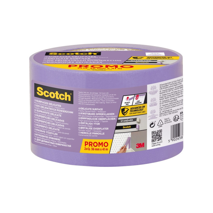 Scotchblue Pack de 2 Cintas de Enmascarar para Superficies Delicadas - 36mm x 41m - 100% PEFC - Color Morado