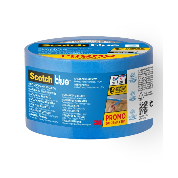 Scotchblue Pack de 2 Cintas de Enmascarar para Lineas Precisas - 24mm x 41m - 100% PEFC - Color Azul