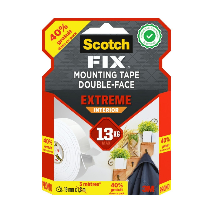 Scotch-Fix Cinta de Montaje para Interior Extremo de Doble Cara - Promocion 40% Gratis - 19 mm x 3m - Color Blanco