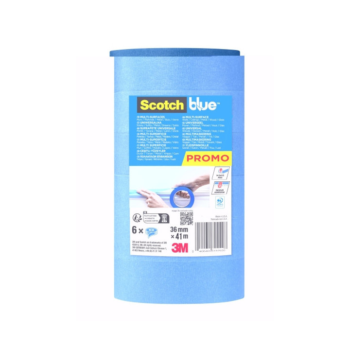 Scotchblue Pack de 6 Cintas de Enmascarar - 36mm x 41m - 100% PEFC - Multisuperficie - Color Azul