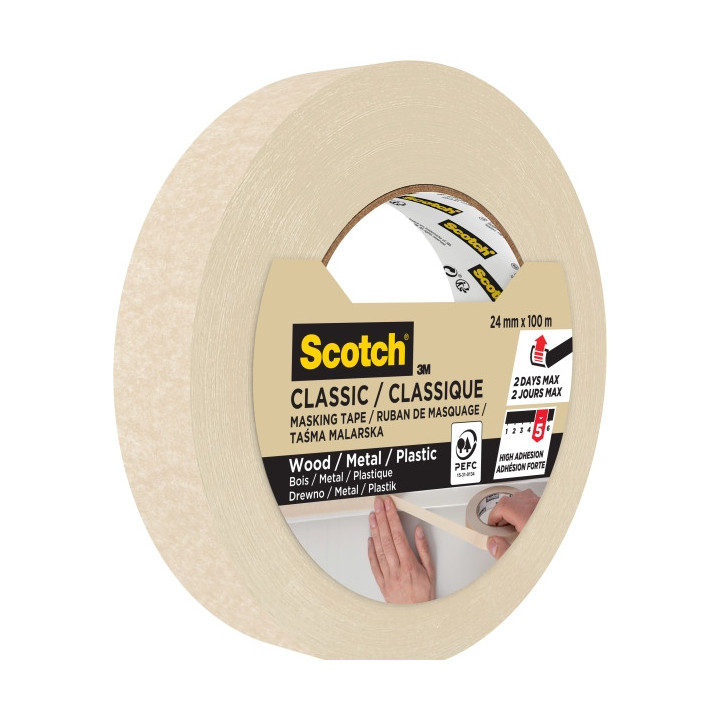 Scotch Classic Cinta de Enmascarar - 24mm x 100m - 70% PEFC - Color Blanco